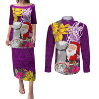 Custom Northern Mariana Islands Christmas Couples Matching Puletasi Dress and Long Sleeve Button Shirt Funny Santa Hug Latte Stone Ylang-ylang and Polynesia Pattern Pink LT03 Pink - Polynesian Pride