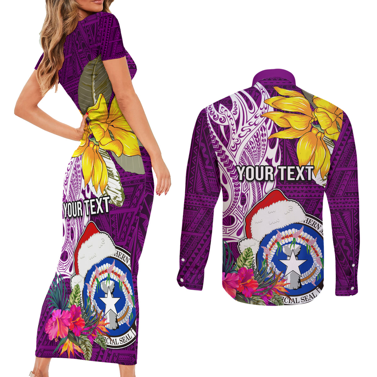 Custom Northern Mariana Islands Christmas Couples Matching Short Sleeve Bodycon Dress and Long Sleeve Button Shirt Funny Santa Hug Latte Stone Ylang-ylang and Polynesia Pattern Pink LT03 - Polynesian Pride