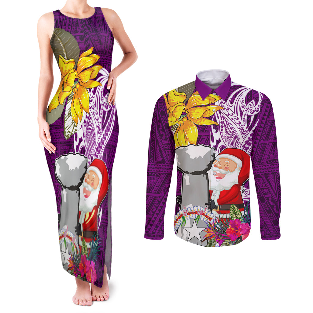 Custom Northern Mariana Islands Christmas Couples Matching Tank Maxi Dress and Long Sleeve Button Shirt Funny Santa Hug Latte Stone Ylang-ylang and Polynesia Pattern Pink LT03 Pink - Polynesian Pride