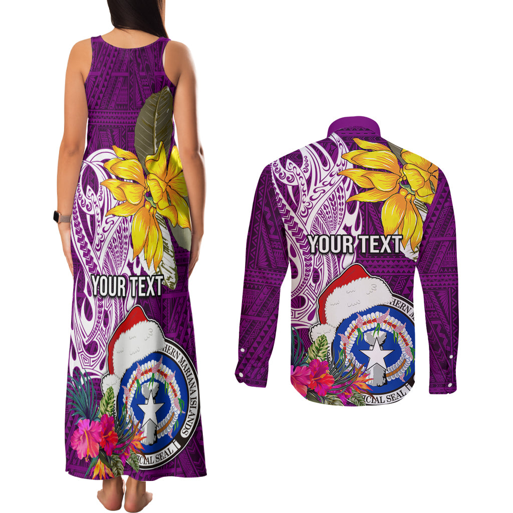 Custom Northern Mariana Islands Christmas Couples Matching Tank Maxi Dress and Long Sleeve Button Shirt Funny Santa Hug Latte Stone Ylang-ylang and Polynesia Pattern Pink LT03 - Polynesian Pride