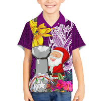 Custom Northern Mariana Islands Christmas Family Matching Off Shoulder Short Dress and Hawaiian Shirt Funny Santa Hug Latte Stone Ylang-ylang and Polynesia Pattern Pink LT03 Son's Shirt Pink - Polynesian Pride