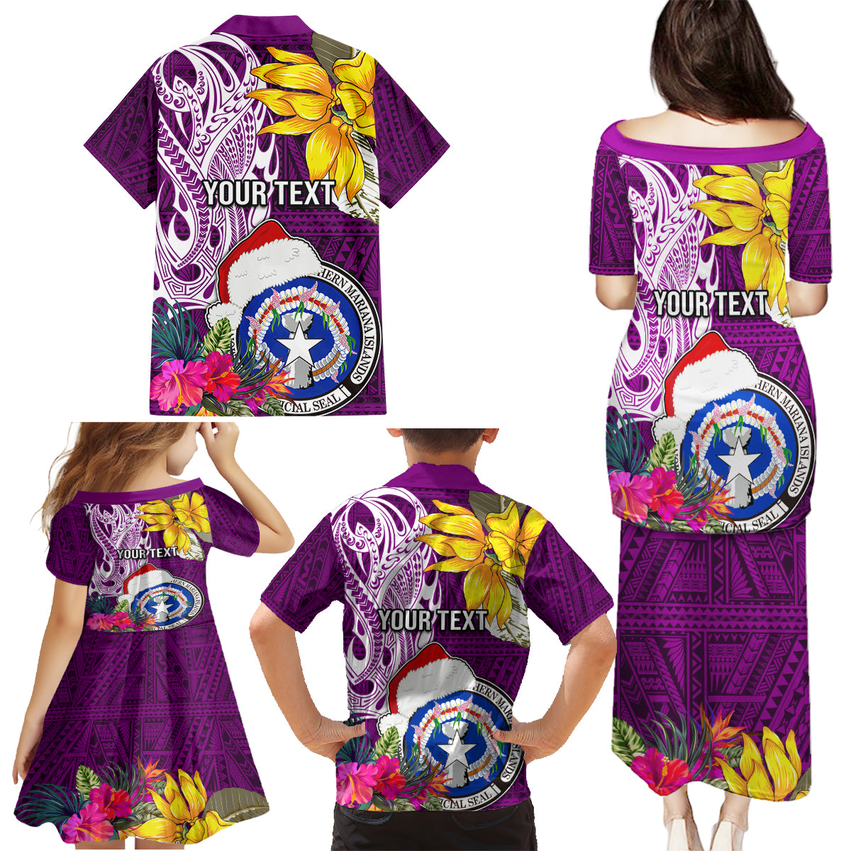 Custom Northern Mariana Islands Christmas Family Matching Puletasi Dress and Hawaiian Shirt Funny Santa Hug Latte Stone Ylang-ylang and Polynesia Pattern Pink LT03 - Polynesian Pride