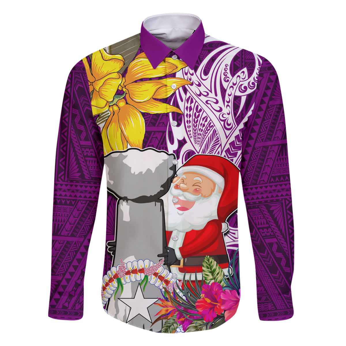 Custom Northern Mariana Islands Christmas Family Matching Short Sleeve Bodycon Dress and Hawaiian Shirt Funny Santa Hug Latte Stone Ylang-ylang and Polynesia Pattern Pink LT03 Dad's Shirt - Long Sleeve Pink - Polynesian Pride