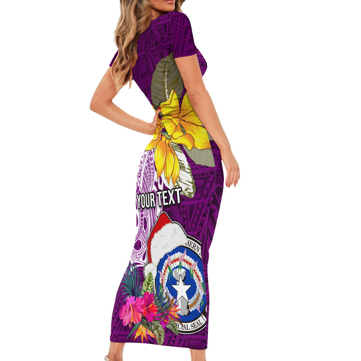 Custom Northern Mariana Islands Christmas Family Matching Short Sleeve Bodycon Dress and Hawaiian Shirt Funny Santa Hug Latte Stone Ylang-ylang and Polynesia Pattern Pink LT03 - Polynesian Pride