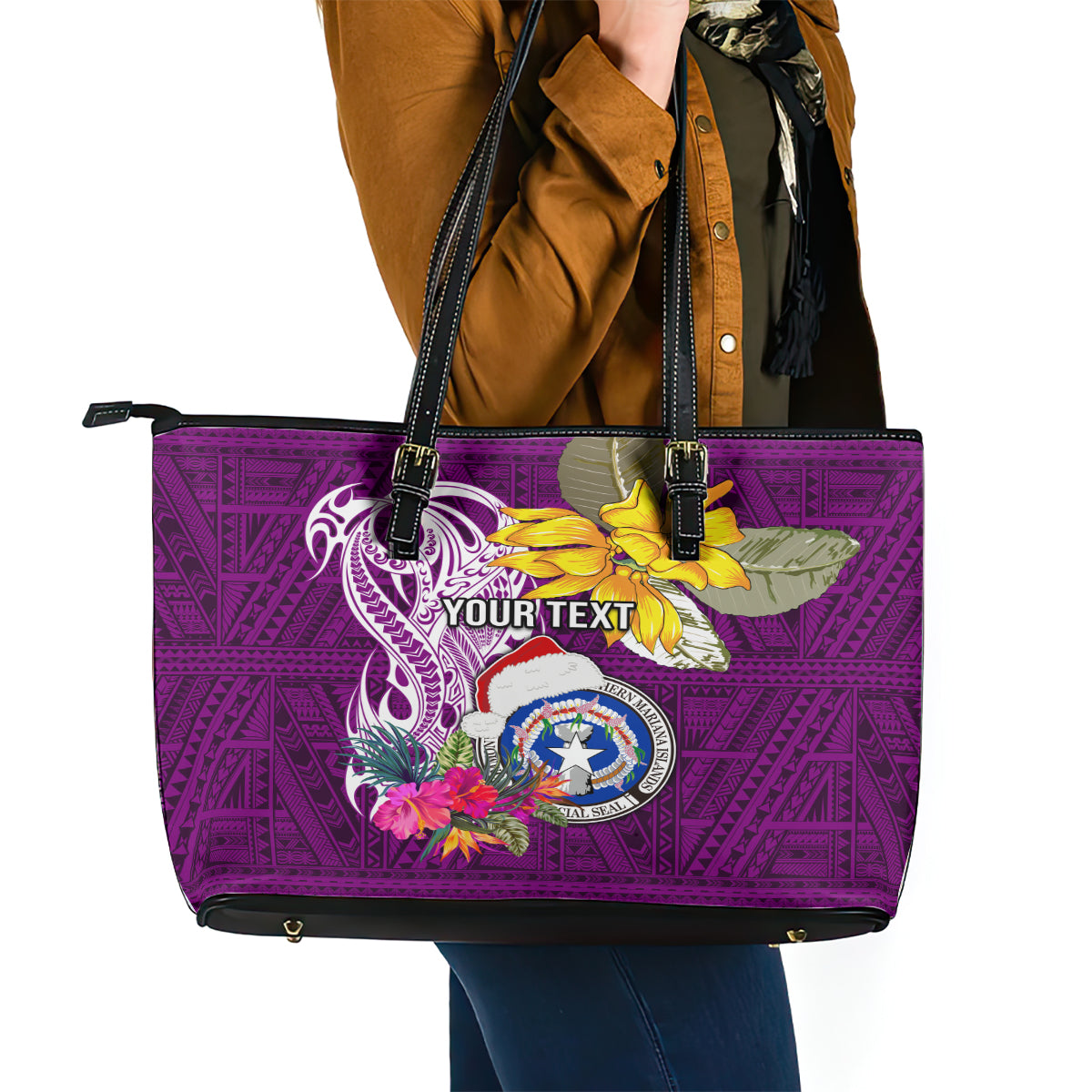Custom Northern Mariana Islands Christmas Leather Tote Bag Funny Santa Hug Latte Stone Ylang-ylang and Polynesia Pattern Pink LT03 - Polynesian Pride