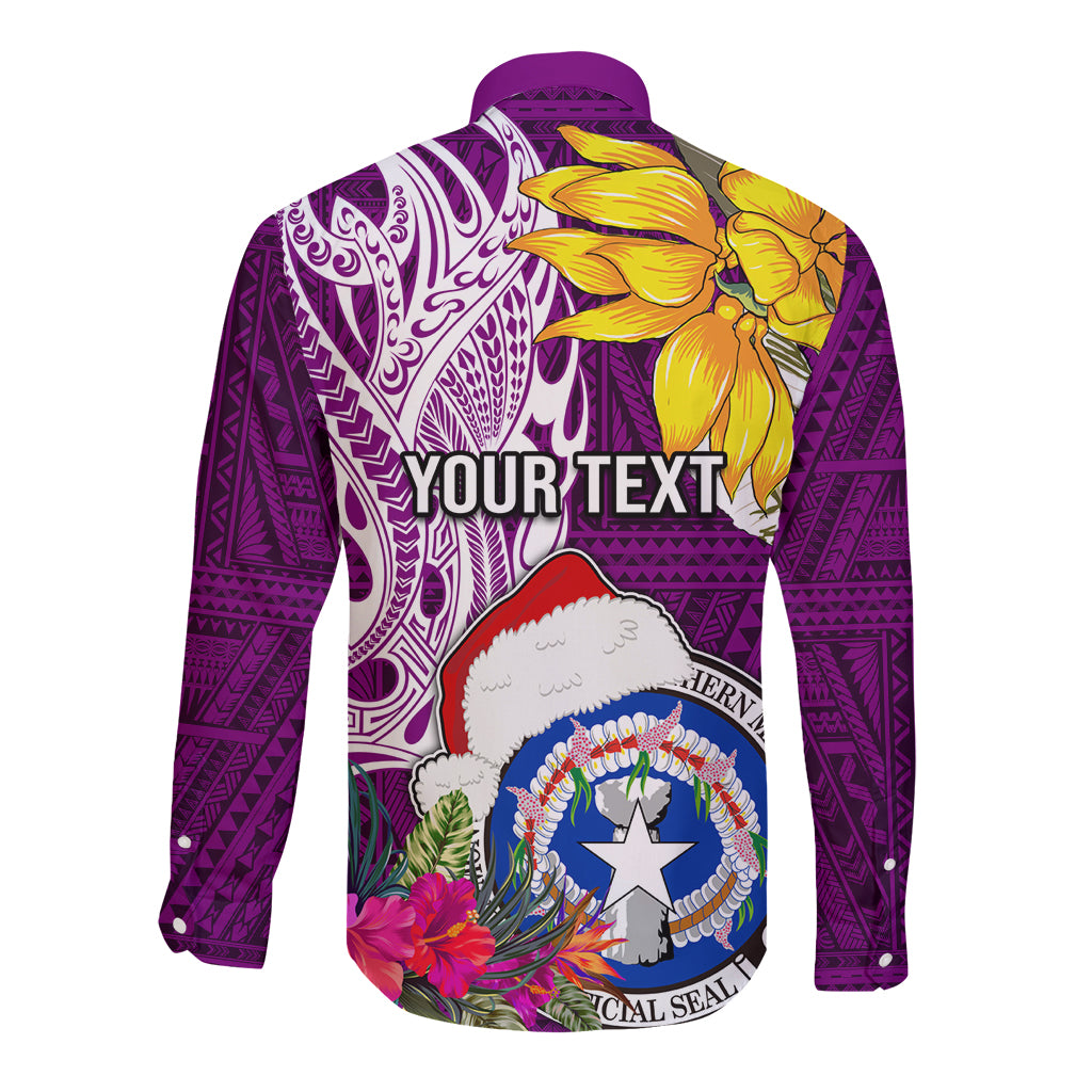 Custom Northern Mariana Islands Christmas Long Sleeve Button Shirt Funny Santa Hug Latte Stone Ylang-ylang and Polynesia Pattern Pink LT03 - Polynesian Pride