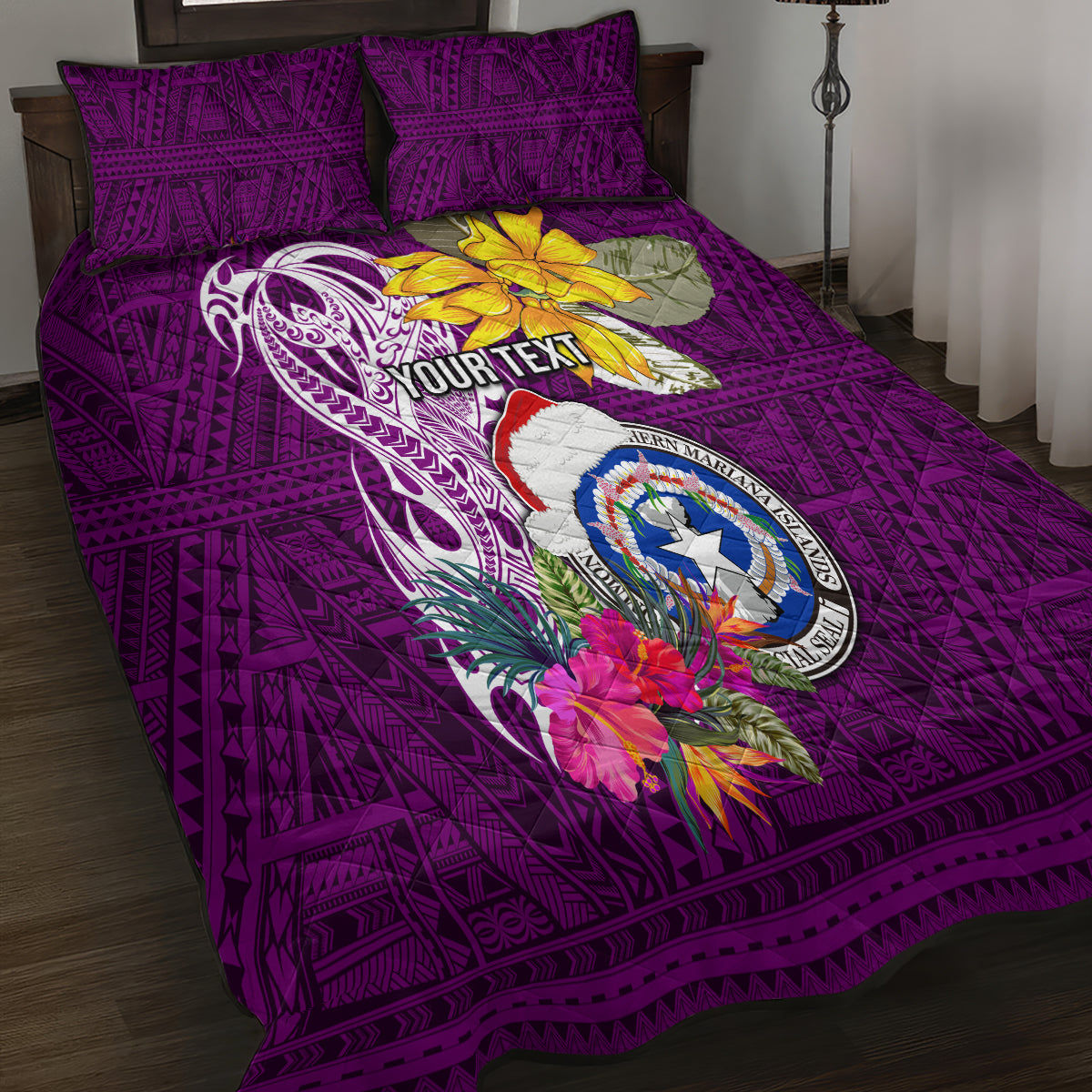 Custom Northern Mariana Islands Christmas Quilt Bed Set Funny Santa Hug Latte Stone Ylang-ylang and Polynesia Pattern Pink LT03 - Polynesian Pride