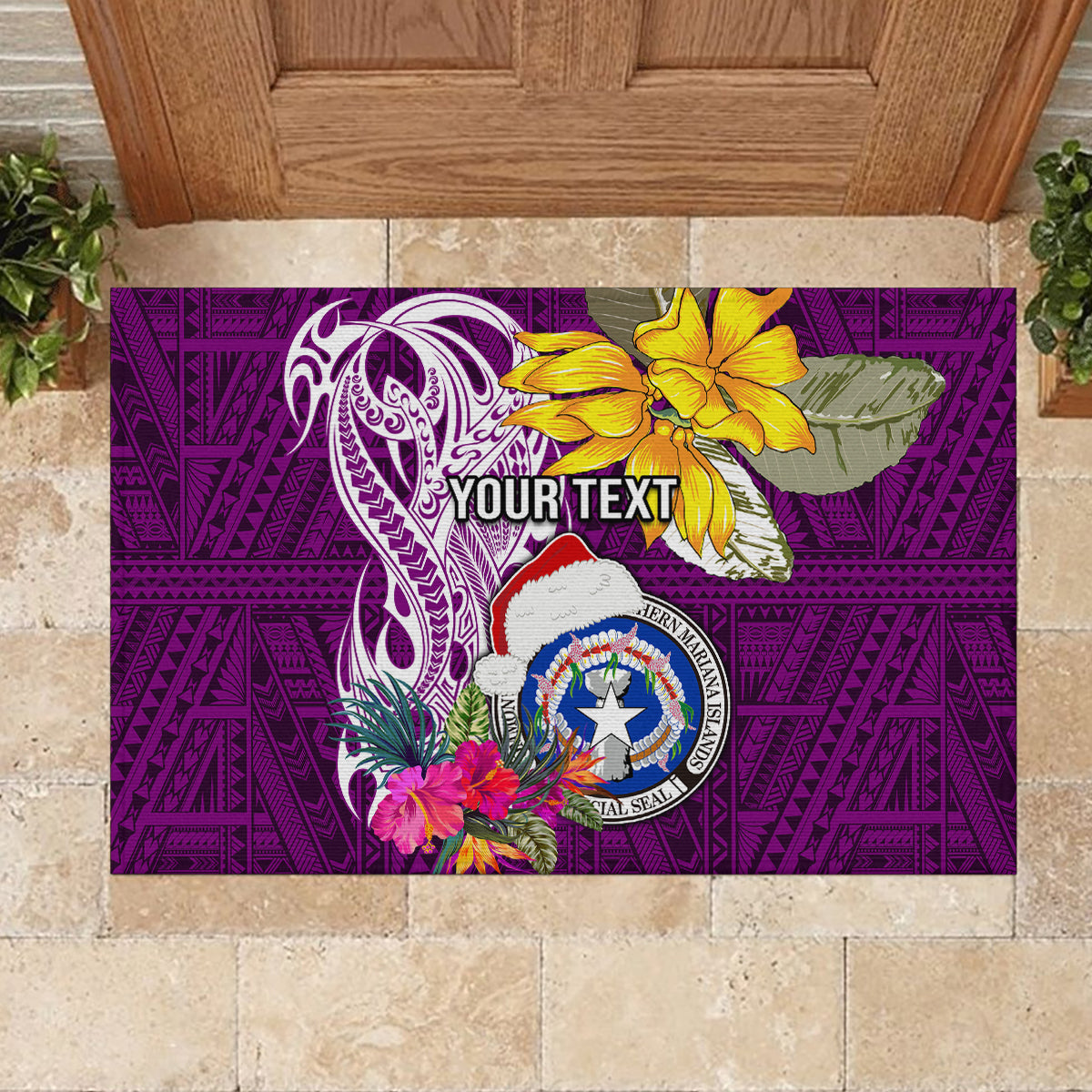 Custom Northern Mariana Islands Christmas Rubber Doormat Funny Santa Hug Latte Stone Ylang-ylang and Polynesia Pattern Pink LT03 - Polynesian Pride