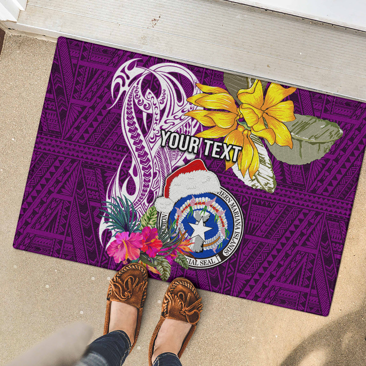 Custom Northern Mariana Islands Christmas Rubber Doormat Funny Santa Hug Latte Stone Ylang-ylang and Polynesia Pattern Pink LT03 - Polynesian Pride