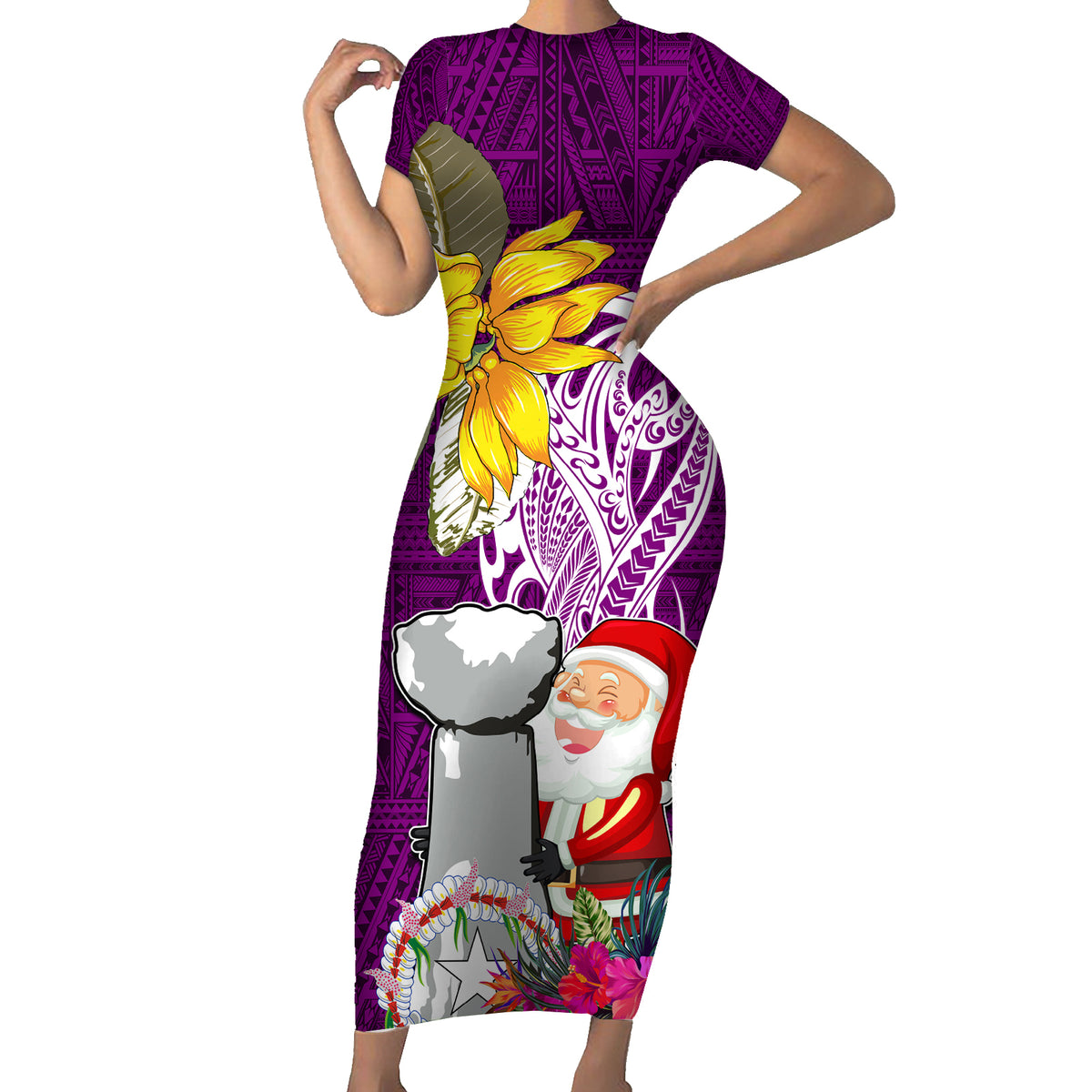 Custom Northern Mariana Islands Christmas Short Sleeve Bodycon Dress Funny Santa Hug Latte Stone Ylang-ylang and Polynesia Pattern Pink LT03 Long Dress Pink - Polynesian Pride