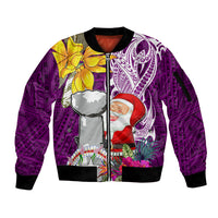 Custom Northern Mariana Islands Christmas Sleeve Zip Bomber Jacket Funny Santa Hug Latte Stone Ylang-ylang and Polynesia Pattern Pink LT03 Unisex Pink - Polynesian Pride