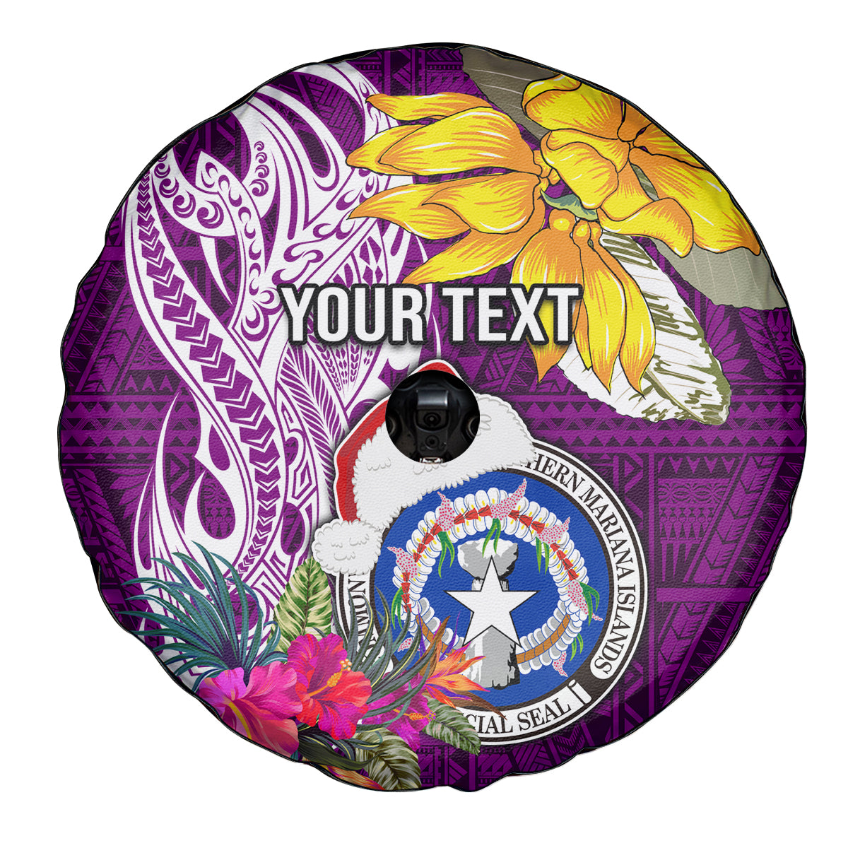 Custom Northern Mariana Islands Christmas Spare Tire Cover Funny Santa Hug Latte Stone Ylang-ylang and Polynesia Pattern Pink LT03 - Polynesian Pride