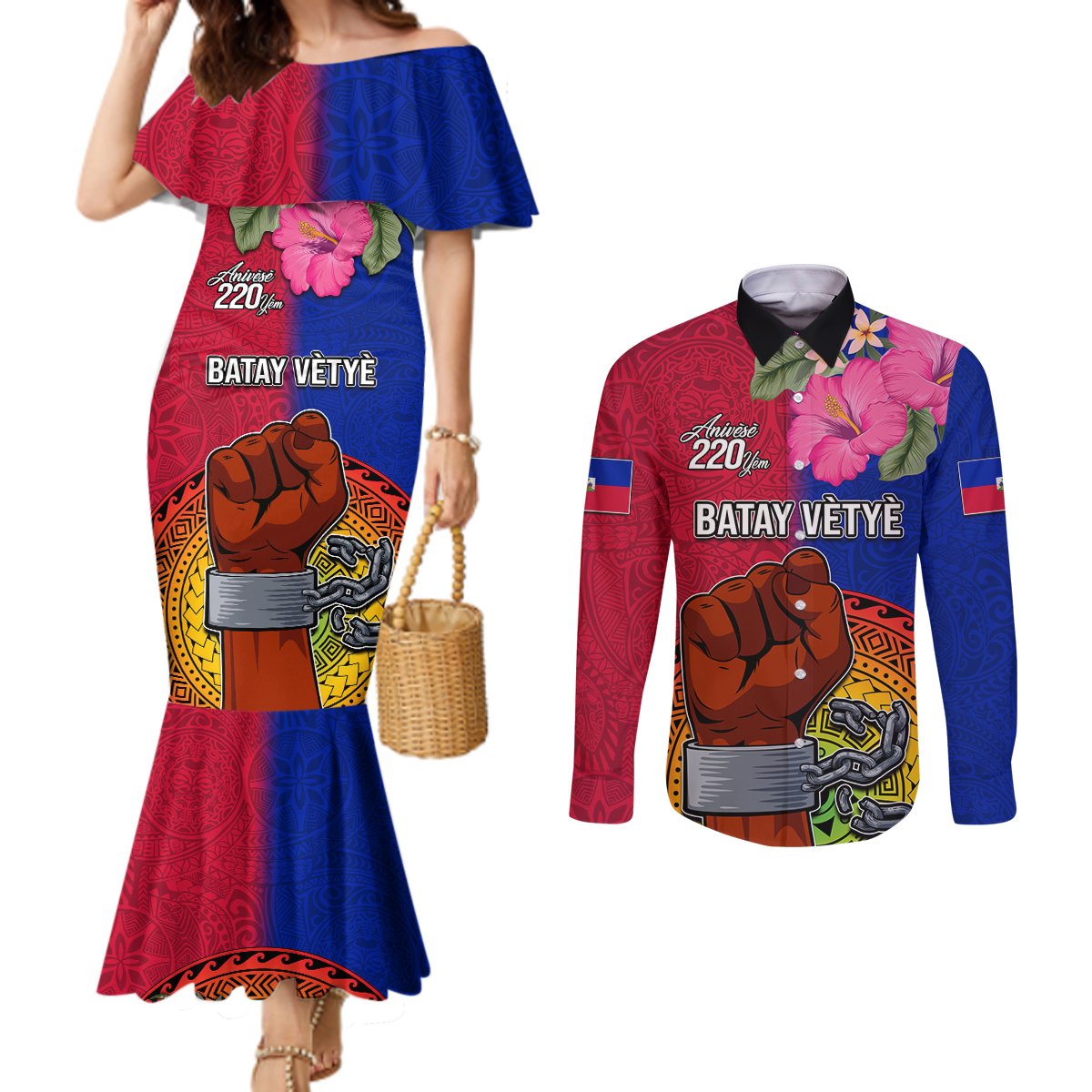Haiti Battle of Vertieres Couples Matching Mermaid Dress and Long Sleeve Button Shirt The Haitian Revolution 220th Anniversary Polynesian Style LT03 Red - Polynesian Pride