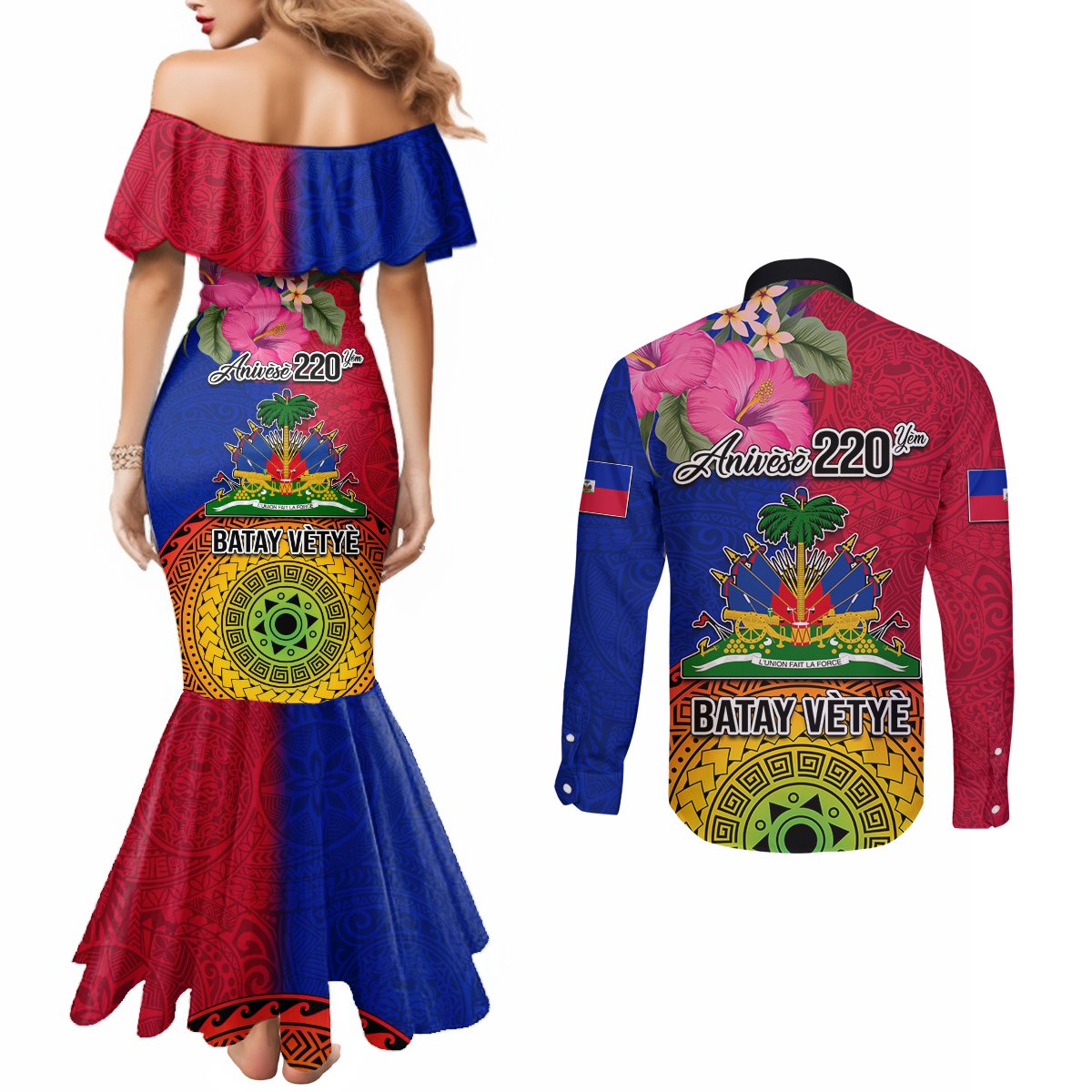 Haiti Battle of Vertieres Couples Matching Mermaid Dress and Long Sleeve Button Shirt The Haitian Revolution 220th Anniversary Polynesian Style LT03 - Polynesian Pride
