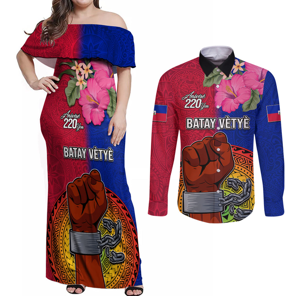 Haiti Battle of Vertieres Couples Matching Off Shoulder Maxi Dress and Long Sleeve Button Shirt The Haitian Revolution 220th Anniversary Polynesian Style LT03 Red - Polynesian Pride