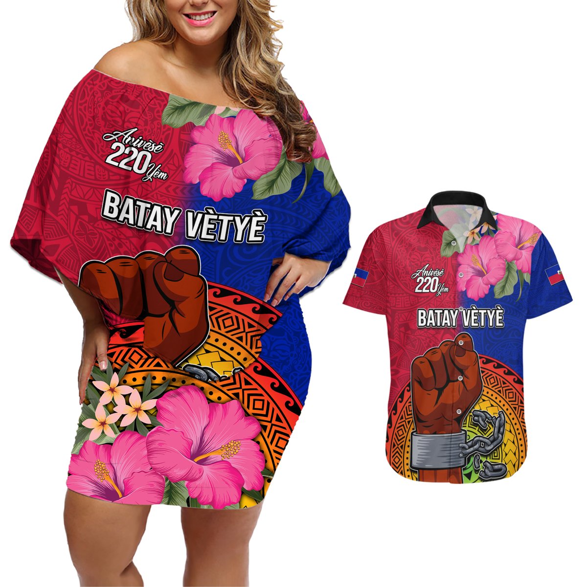 Haiti Battle of Vertieres Couples Matching Off Shoulder Short Dress and Hawaiian Shirt The Haitian Revolution 220th Anniversary Polynesian Style LT03 Red - Polynesian Pride