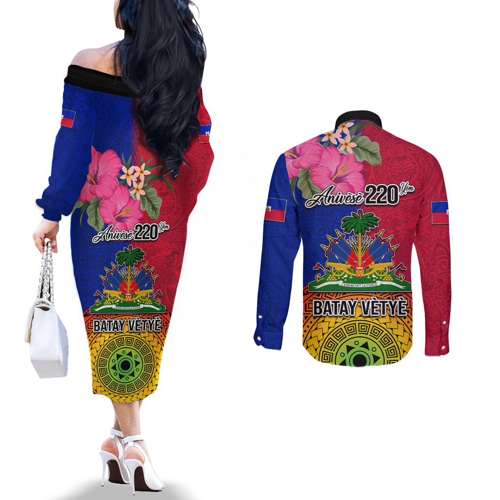 Haiti Battle of Vertieres Couples Matching Off The Shoulder Long Sleeve Dress and Long Sleeve Button Shirt The Haitian Revolution 220th Anniversary Polynesian Style LT03 - Polynesian Pride