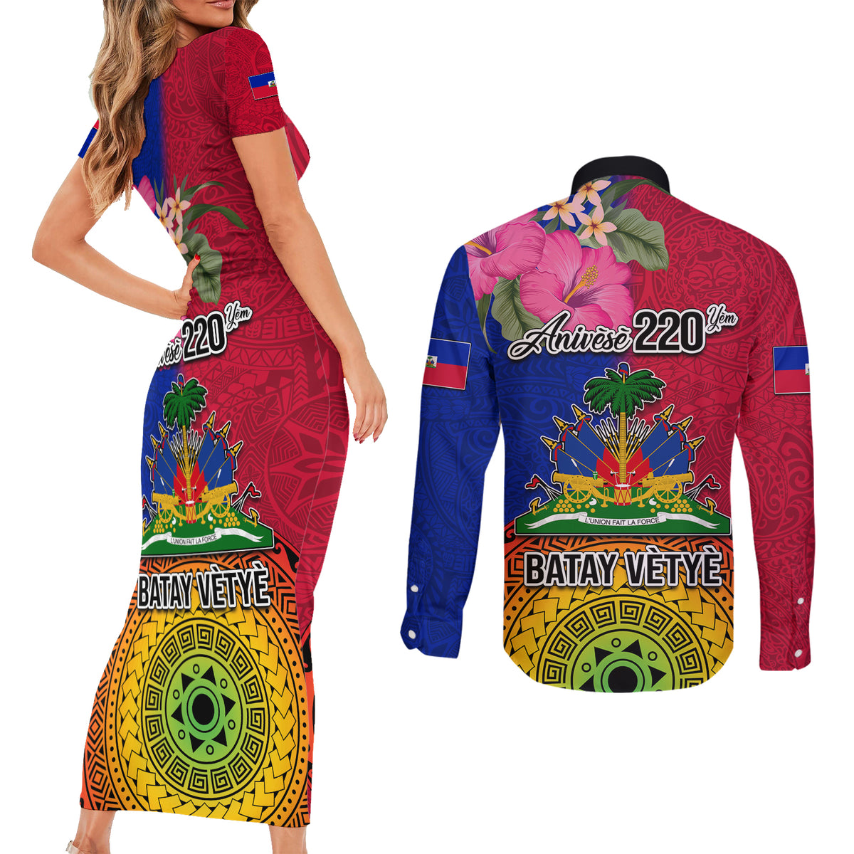 Haiti Battle of Vertieres Couples Matching Short Sleeve Bodycon Dress and Long Sleeve Button Shirt The Haitian Revolution 220th Anniversary Polynesian Style LT03 - Polynesian Pride