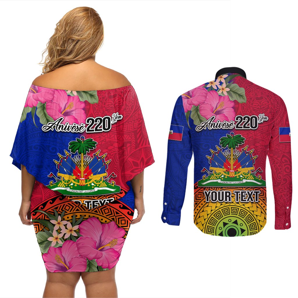 Personalised Haiti Battle of Vertieres Couples Matching Off Shoulder Short Dress and Long Sleeve Button Shirt The Haitian Revolution 220th Anniversary Polynesian Style LT03 - Polynesian Pride