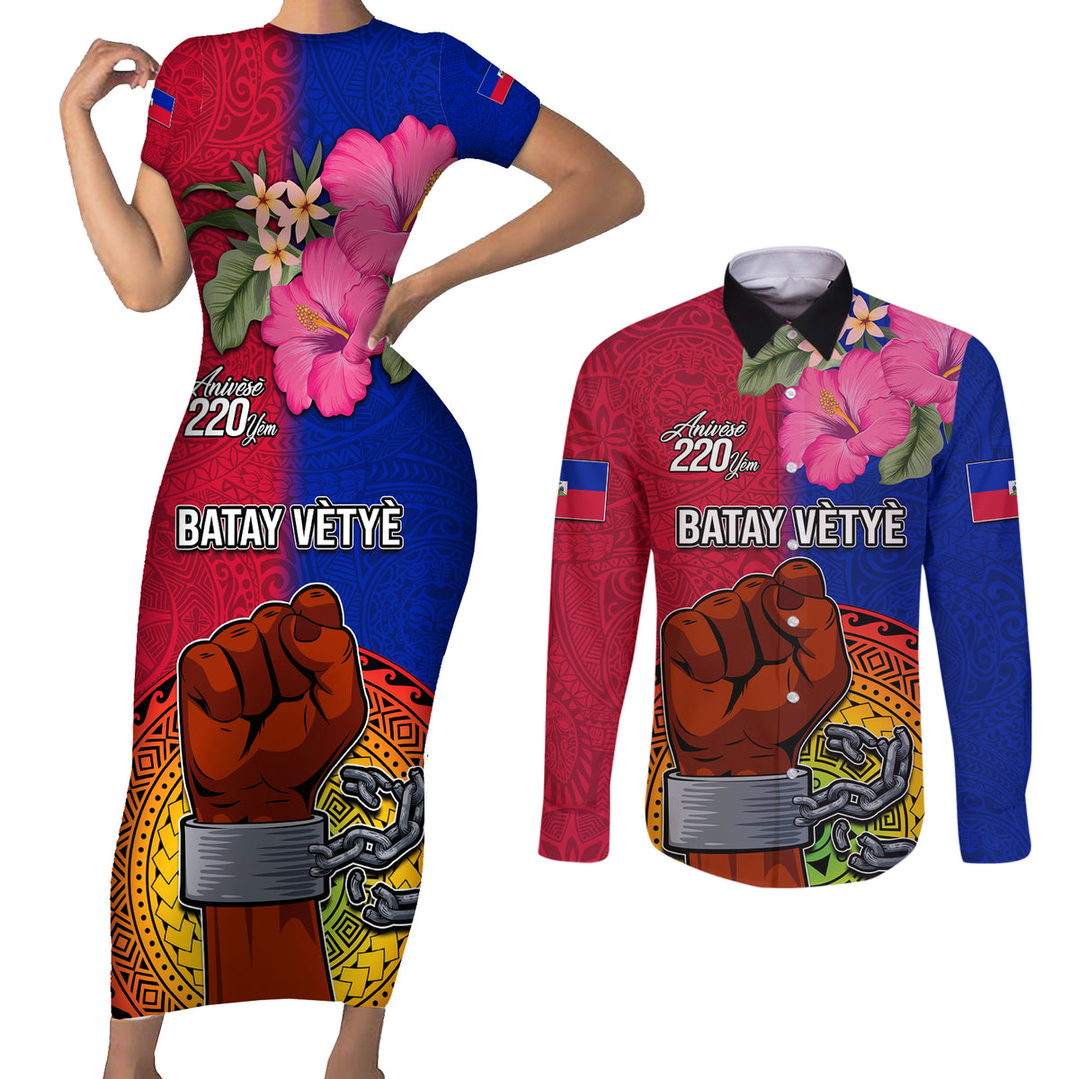 Personalised Haiti Battle of Vertieres Couples Matching Short Sleeve Bodycon Dress and Long Sleeve Button Shirt The Haitian Revolution 220th Anniversary Polynesian Style LT03 Red - Polynesian Pride