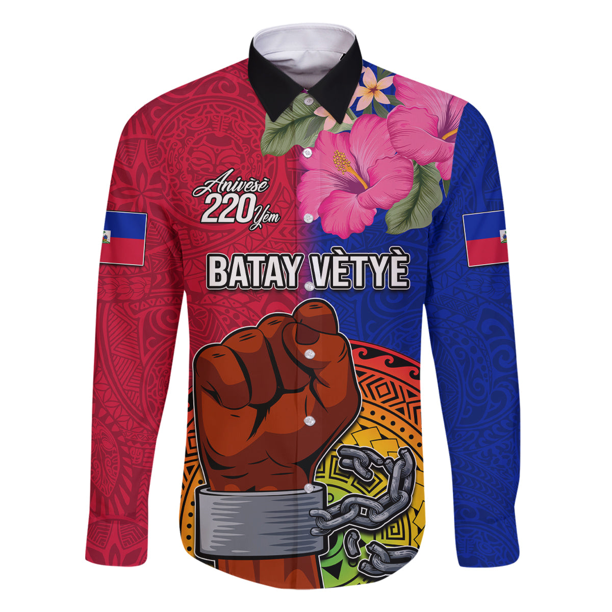 Personalised Haiti Battle of Vertieres Family Matching Mermaid Dress and Hawaiian Shirt The Haitian Revolution 220th Anniversary Polynesian Style LT03 Dad's Shirt - Long Sleeve Red - Polynesian Pride