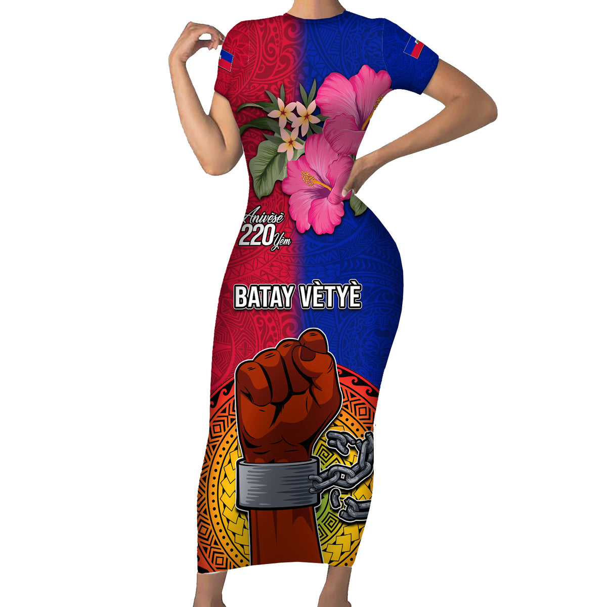 Personalised Haiti Battle of Vertieres Short Sleeve Bodycon Dress The Haitian Revolution 220th Anniversary Polynesian Style LT03 Long Dress Red - Polynesian Pride