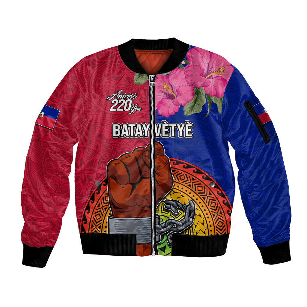 Personalised Haiti Battle of Vertieres Sleeve Zip Bomber Jacket The Haitian Revolution 220th Anniversary Polynesian Style LT03 Unisex Red - Polynesian Pride