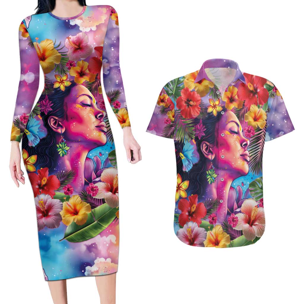 Polynesian Women Couples Matching Long Sleeve Bodycon Dress and Hawaiian Shirt Tropical Plant - Vibrant Surreal Dreamscape Vibe LT03 Pink-Purple - Polynesian Pride