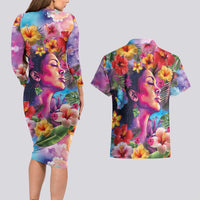 Polynesian Women Couples Matching Long Sleeve Bodycon Dress and Hawaiian Shirt Tropical Plant - Vibrant Surreal Dreamscape Vibe LT03 - Polynesian Pride