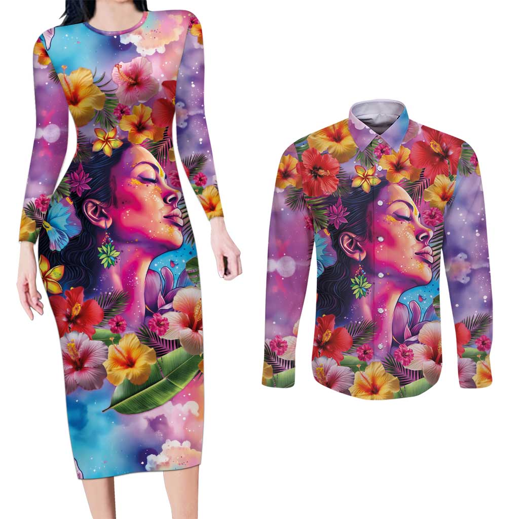 Polynesian Women Couples Matching Long Sleeve Bodycon Dress and Long Sleeve Button Shirt Tropical Plant - Vibrant Surreal Dreamscape Vibe LT03 Pink-Purple - Polynesian Pride