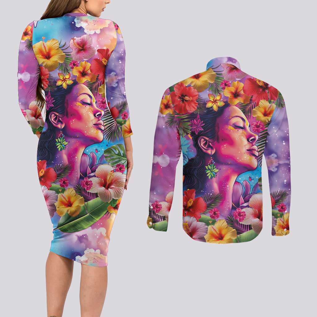 Polynesian Women Couples Matching Long Sleeve Bodycon Dress and Long Sleeve Button Shirt Tropical Plant - Vibrant Surreal Dreamscape Vibe LT03 - Polynesian Pride