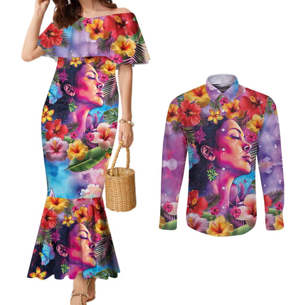Polynesian Women Couples Matching Mermaid Dress and Long Sleeve Button Shirt Tropical Plant - Vibrant Surreal Dreamscape Vibe LT03 Pink-Purple - Polynesian Pride
