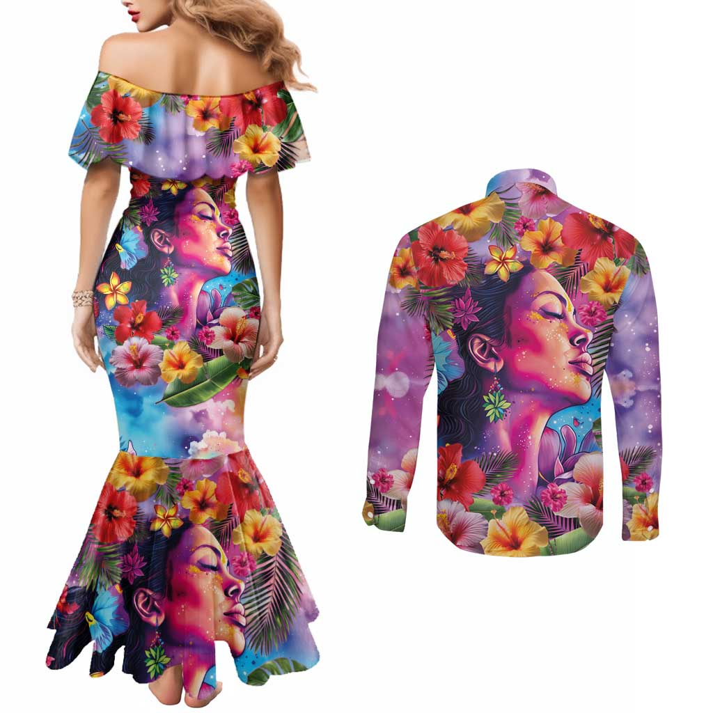 Polynesian Women Couples Matching Mermaid Dress and Long Sleeve Button Shirt Tropical Plant - Vibrant Surreal Dreamscape Vibe LT03 - Polynesian Pride