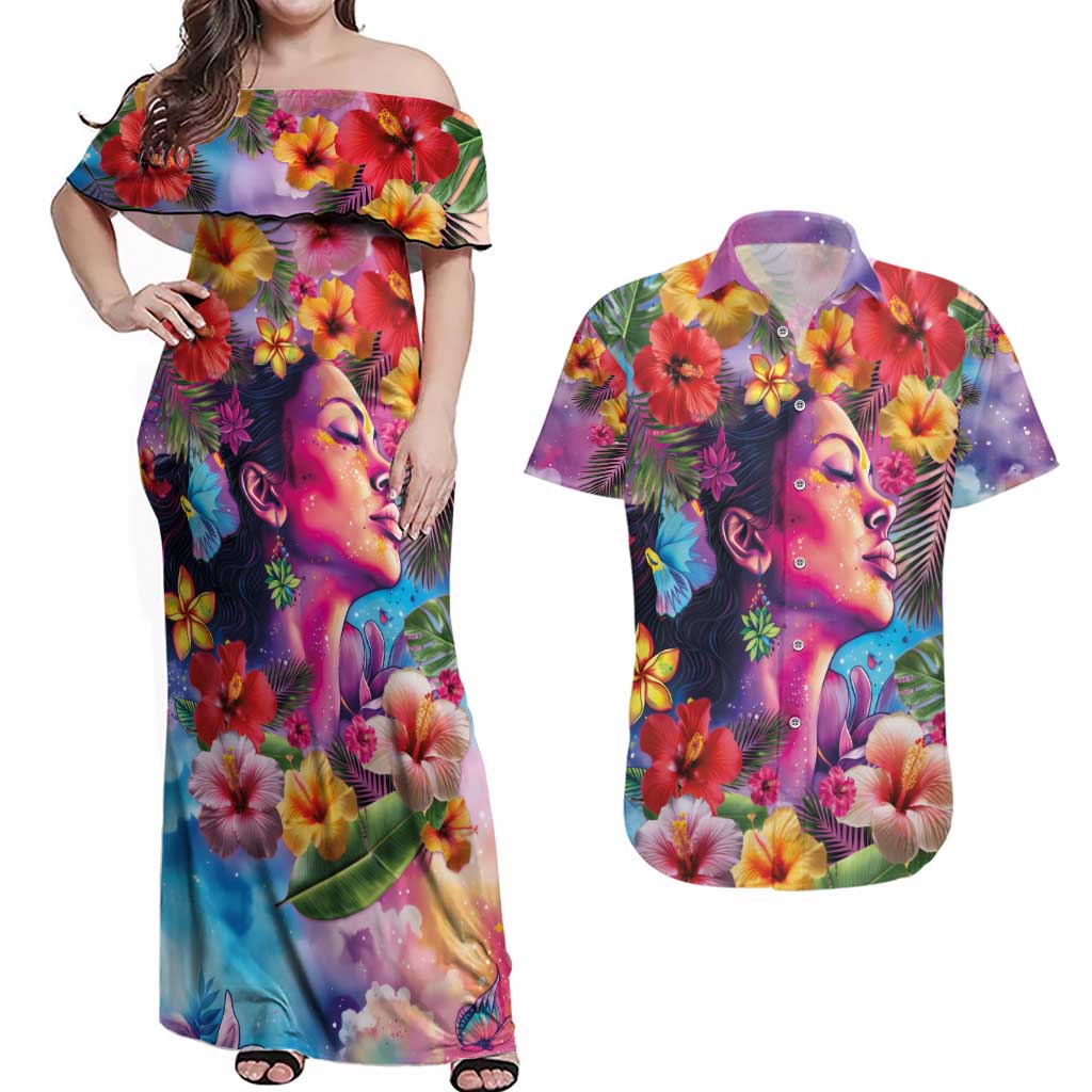 Polynesian Women Couples Matching Off Shoulder Maxi Dress and Hawaiian Shirt Tropical Plant - Vibrant Surreal Dreamscape Vibe LT03 Pink-Purple - Polynesian Pride