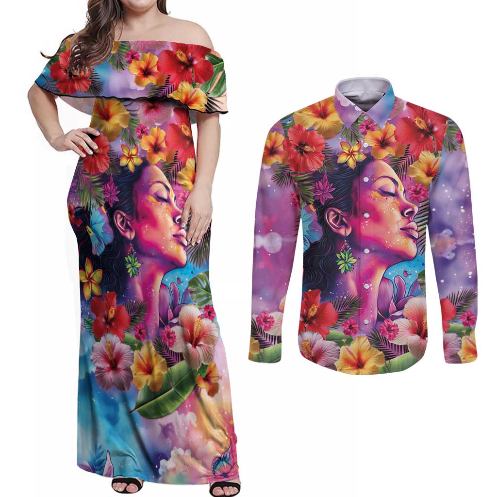 Polynesian Women Couples Matching Off Shoulder Maxi Dress and Long Sleeve Button Shirt Tropical Plant - Vibrant Surreal Dreamscape Vibe LT03 Pink-Purple - Polynesian Pride