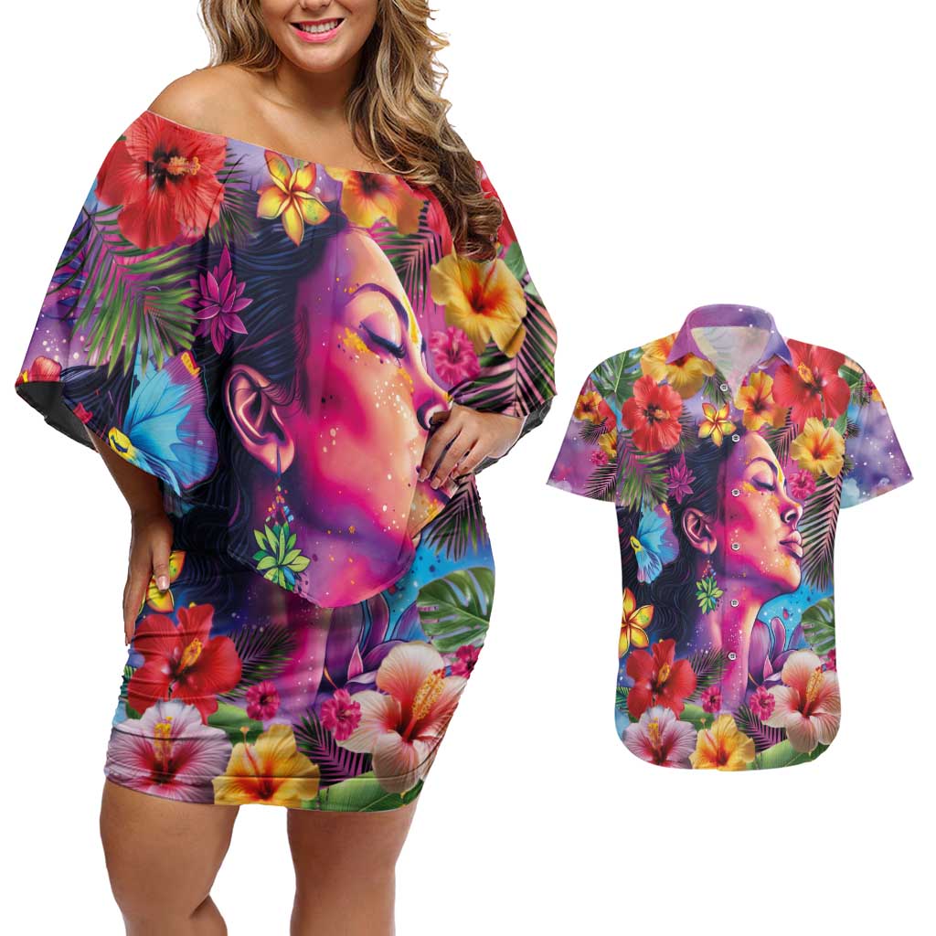 Polynesian Women Couples Matching Off Shoulder Short Dress and Hawaiian Shirt Tropical Plant - Vibrant Surreal Dreamscape Vibe LT03 Pink-Purple - Polynesian Pride