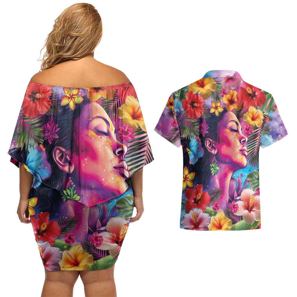 Polynesian Women Couples Matching Off Shoulder Short Dress and Hawaiian Shirt Tropical Plant - Vibrant Surreal Dreamscape Vibe LT03 - Polynesian Pride