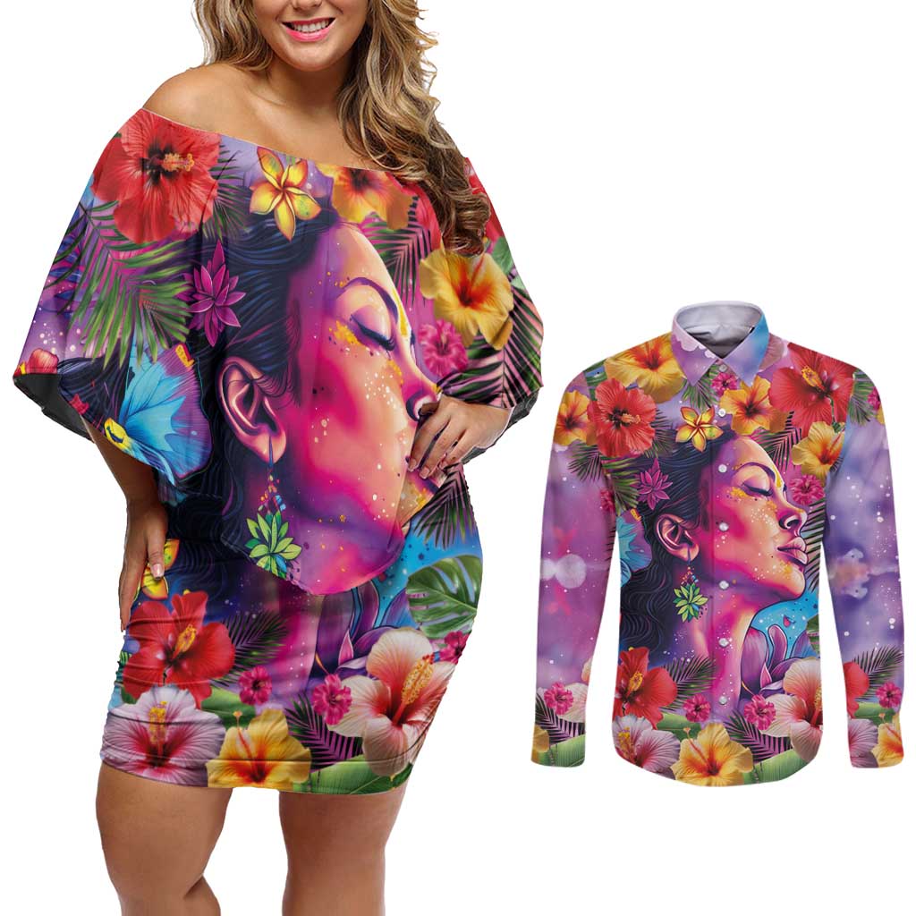 Polynesian Women Couples Matching Off Shoulder Short Dress and Long Sleeve Button Shirt Tropical Plant - Vibrant Surreal Dreamscape Vibe LT03 Pink-Purple - Polynesian Pride