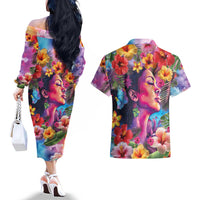 Polynesian Women Couples Matching Off The Shoulder Long Sleeve Dress and Hawaiian Shirt Tropical Plant - Vibrant Surreal Dreamscape Vibe LT03 - Polynesian Pride