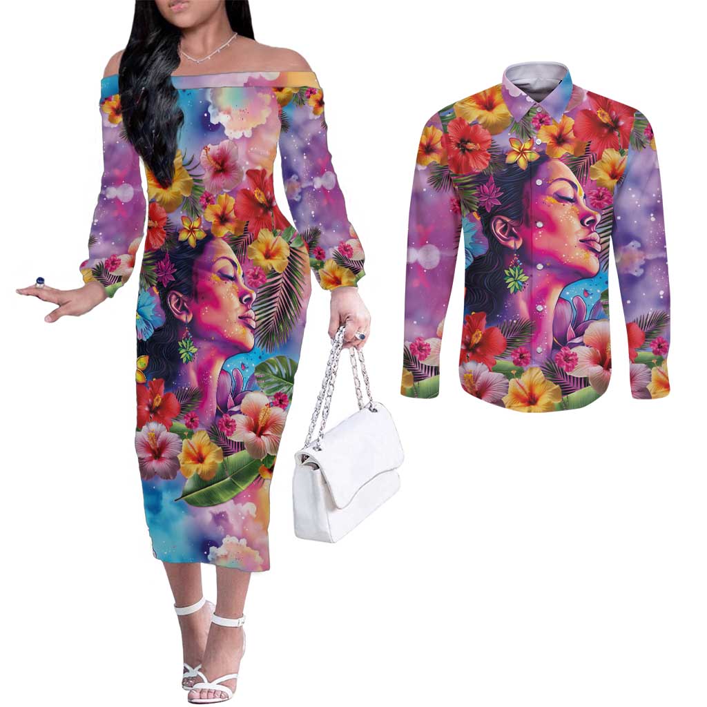 Polynesian Women Couples Matching Off The Shoulder Long Sleeve Dress and Long Sleeve Button Shirt Tropical Plant - Vibrant Surreal Dreamscape Vibe LT03 Pink-Purple - Polynesian Pride