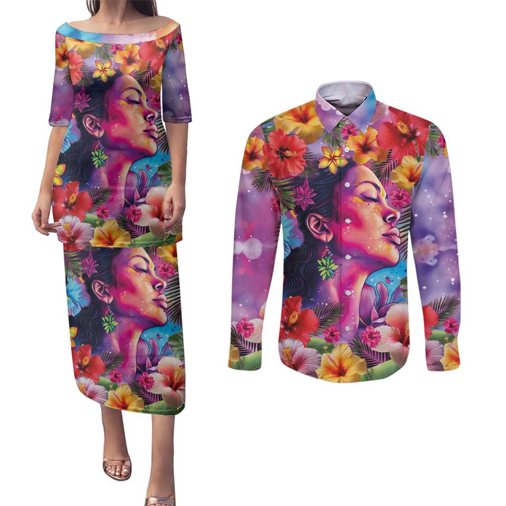 Polynesian Women Couples Matching Puletasi and Long Sleeve Button Shirt Tropical Plant - Vibrant Surreal Dreamscape Vibe LT03 Pink-Purple - Polynesian Pride