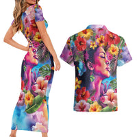 Polynesian Women Couples Matching Short Sleeve Bodycon Dress and Hawaiian Shirt Tropical Plant - Vibrant Surreal Dreamscape Vibe LT03 - Polynesian Pride