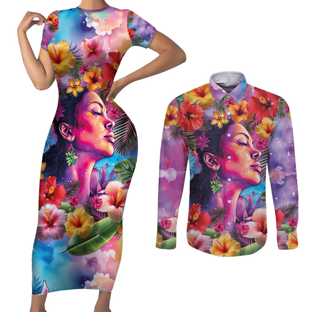 Polynesian Women Couples Matching Short Sleeve Bodycon Dress and Long Sleeve Button Shirt Tropical Plant - Vibrant Surreal Dreamscape Vibe LT03 Pink-Purple - Polynesian Pride