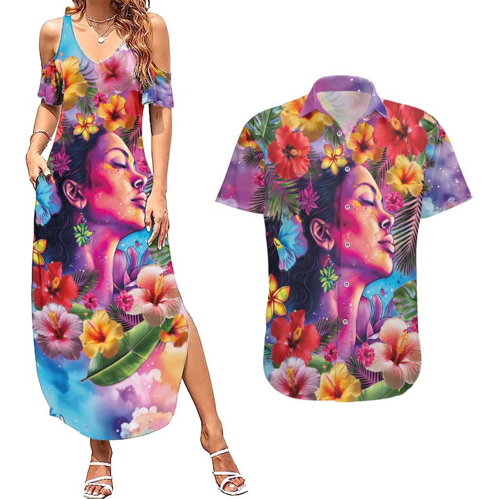 Polynesian Women Couples Matching Summer Maxi Dress and Hawaiian Shirt Tropical Plant - Vibrant Surreal Dreamscape Vibe LT03 Pink-Purple - Polynesian Pride