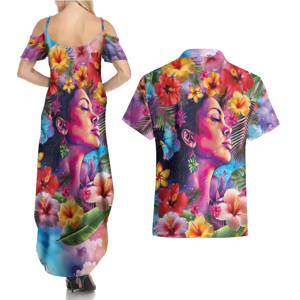 Polynesian Women Couples Matching Summer Maxi Dress and Hawaiian Shirt Tropical Plant - Vibrant Surreal Dreamscape Vibe LT03 - Polynesian Pride