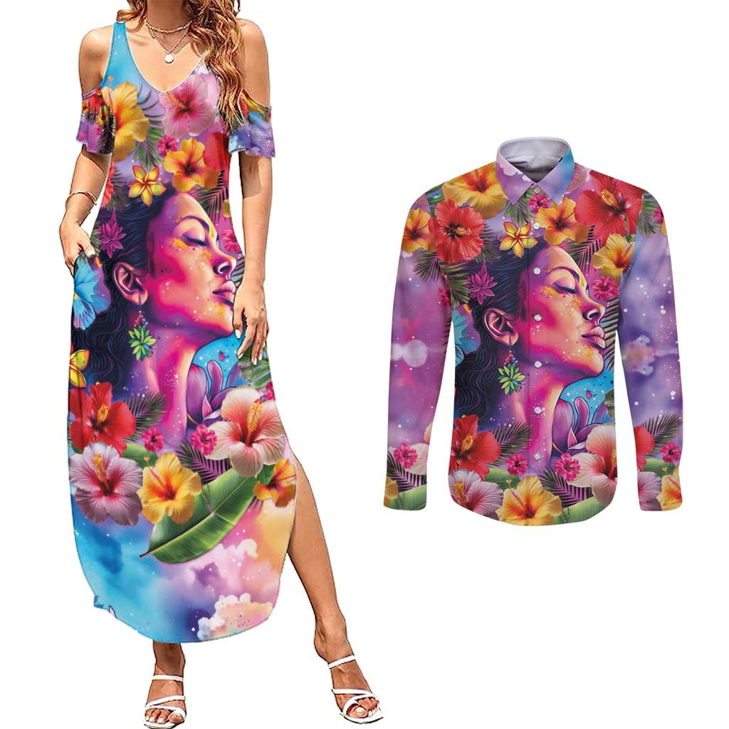 Polynesian Women Couples Matching Summer Maxi Dress and Long Sleeve Button Shirt Tropical Plant - Vibrant Surreal Dreamscape Vibe LT03 Pink-Purple - Polynesian Pride