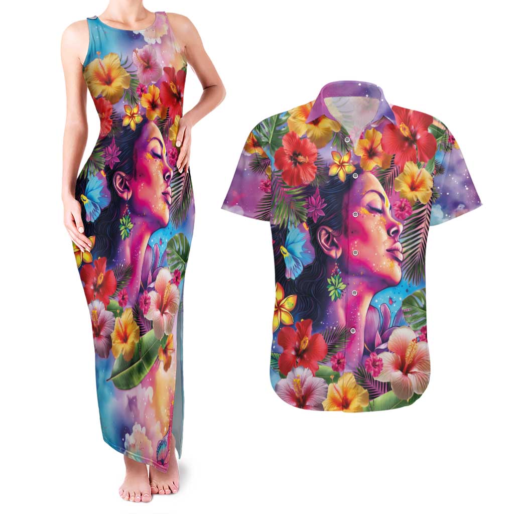 Polynesian Women Couples Matching Tank Maxi Dress and Hawaiian Shirt Tropical Plant - Vibrant Surreal Dreamscape Vibe LT03 Pink-Purple - Polynesian Pride
