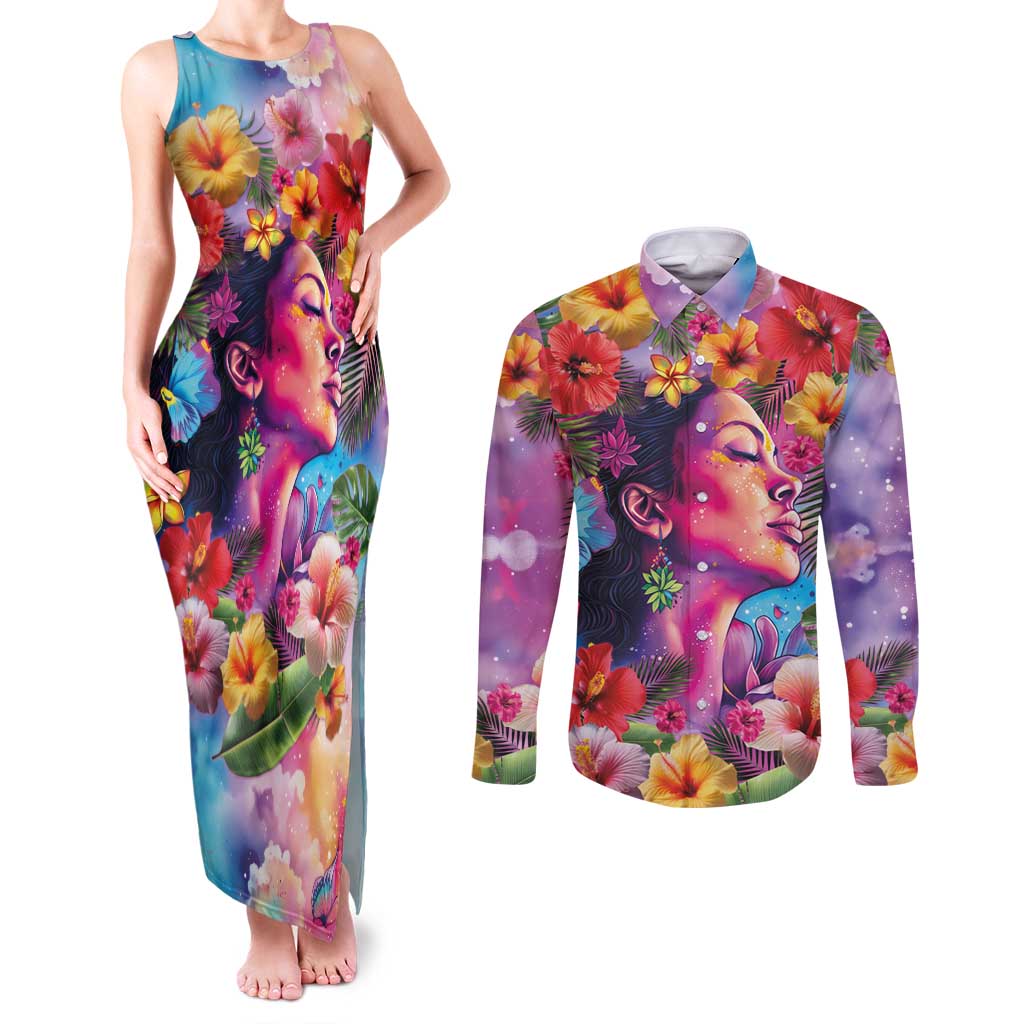 Polynesian Women Couples Matching Tank Maxi Dress and Long Sleeve Button Shirt Tropical Plant - Vibrant Surreal Dreamscape Vibe LT03 Pink-Purple - Polynesian Pride