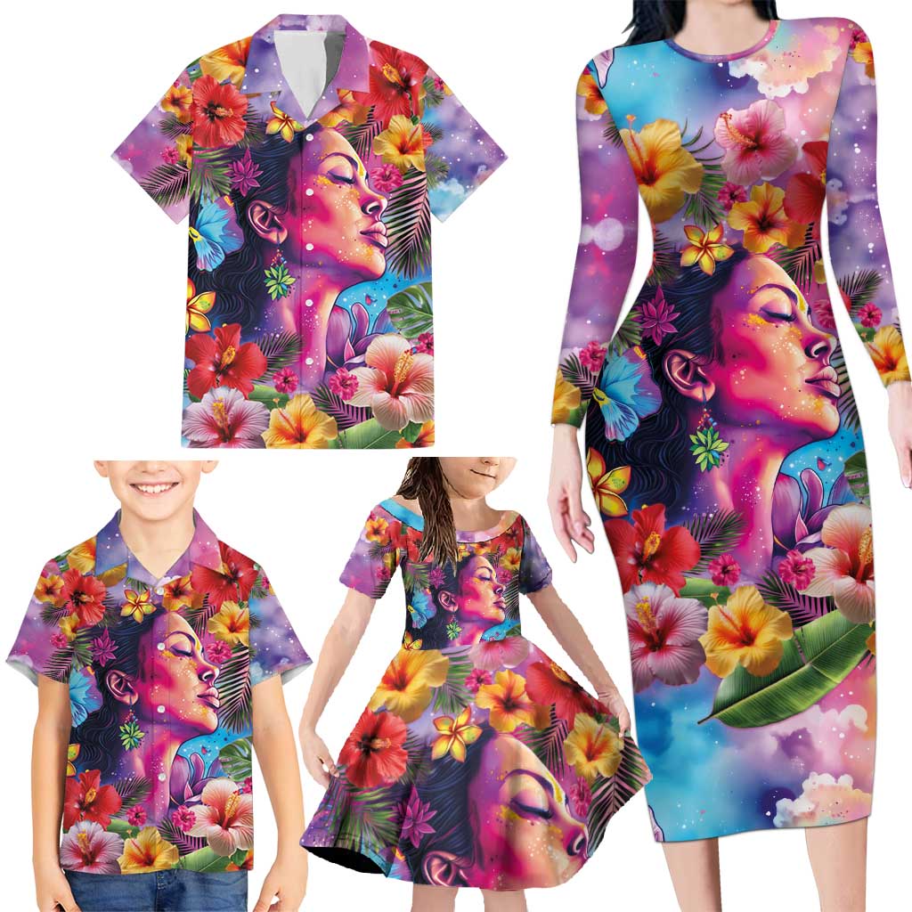 Polynesian Women Family Matching Long Sleeve Bodycon Dress and Hawaiian Shirt Tropical Plant - Vibrant Surreal Dreamscape Vibe LT03 - Polynesian Pride
