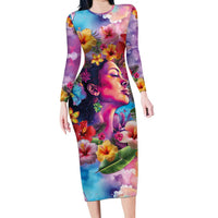 Polynesian Women Family Matching Long Sleeve Bodycon Dress and Hawaiian Shirt Tropical Plant - Vibrant Surreal Dreamscape Vibe LT03 Mom's Dress Pink-Purple - Polynesian Pride